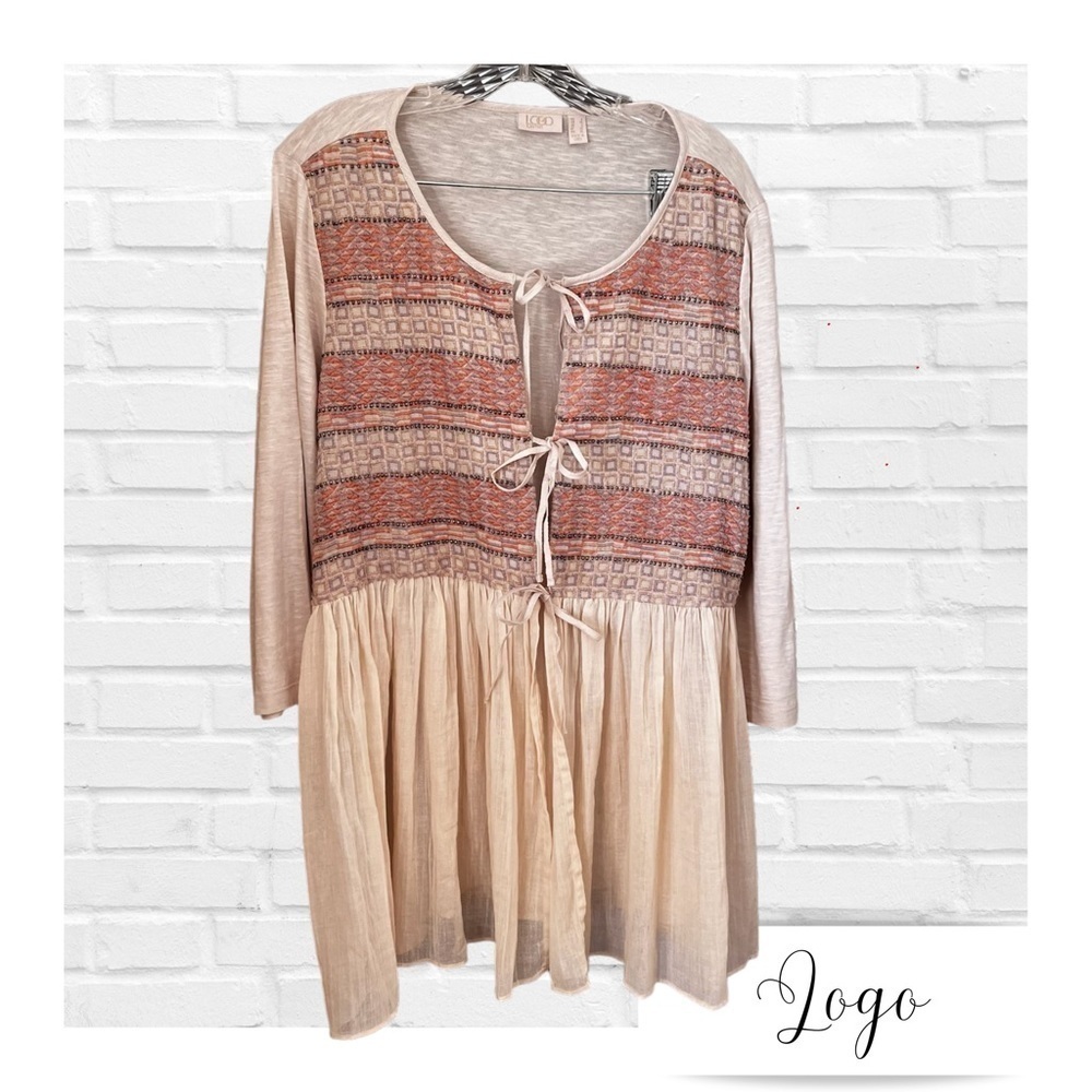 LOGO LAVISH Lg Lori Goldstein Lagenlook  Embroidered Oversized Tie Front Tunic